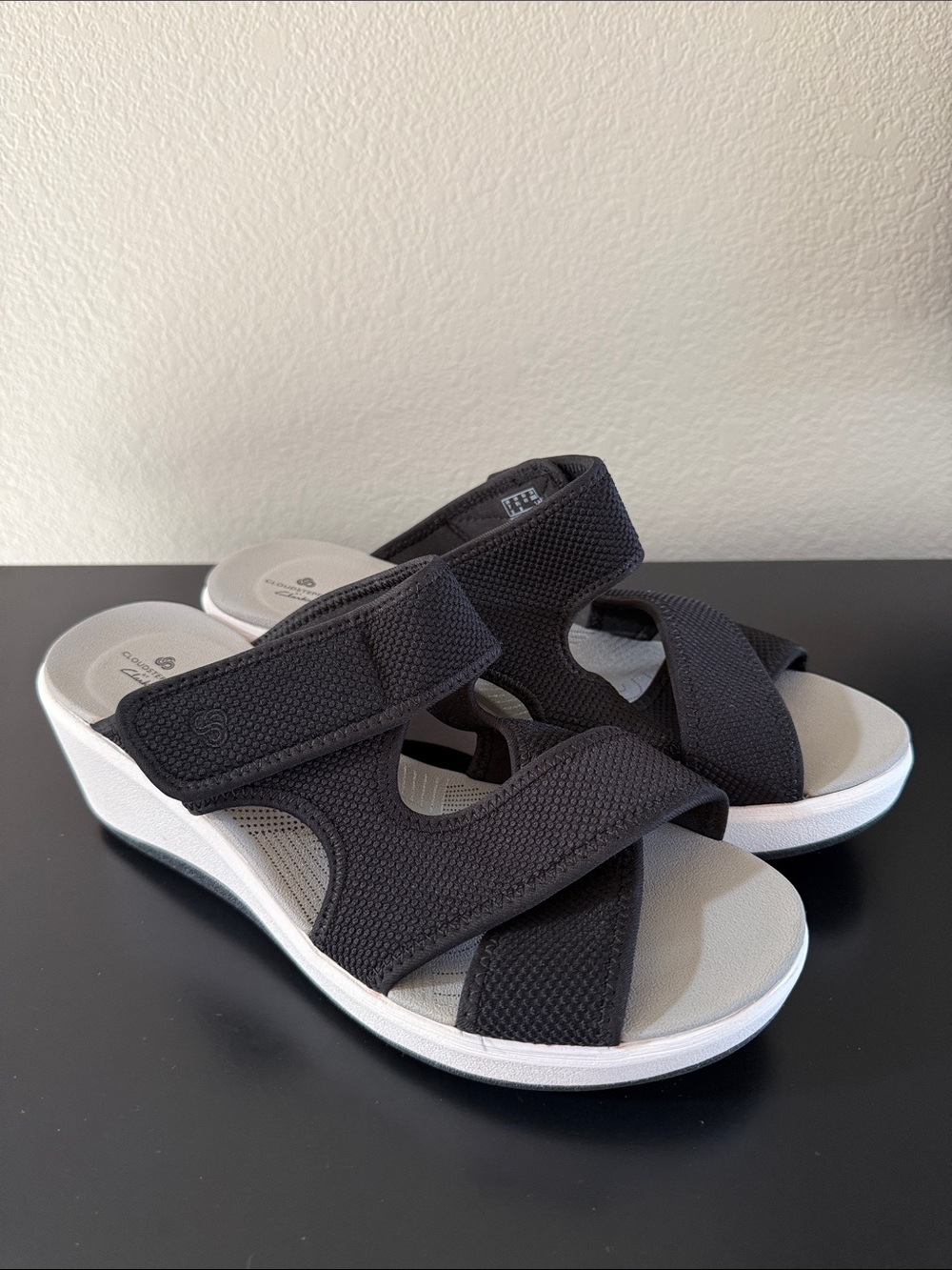 Cloudsteppers by Clarks Black and Cream Wedge Sandals with Adjustable Straps